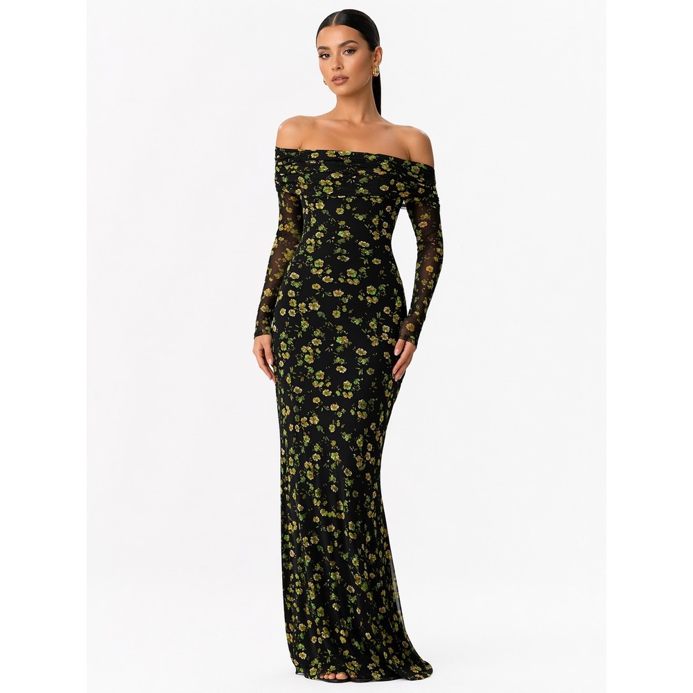 AFRM Thelma Black Floral Mesh Off The Shoulder Long Sleeve Maxi Dress Size M NWT